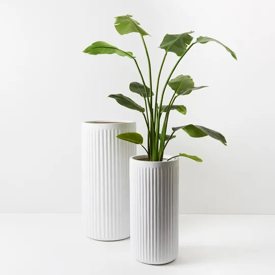 Pleat Cylinder Tall Pot White