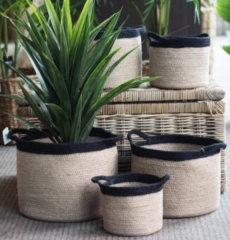 Jute Round Storage Tub Black Rim